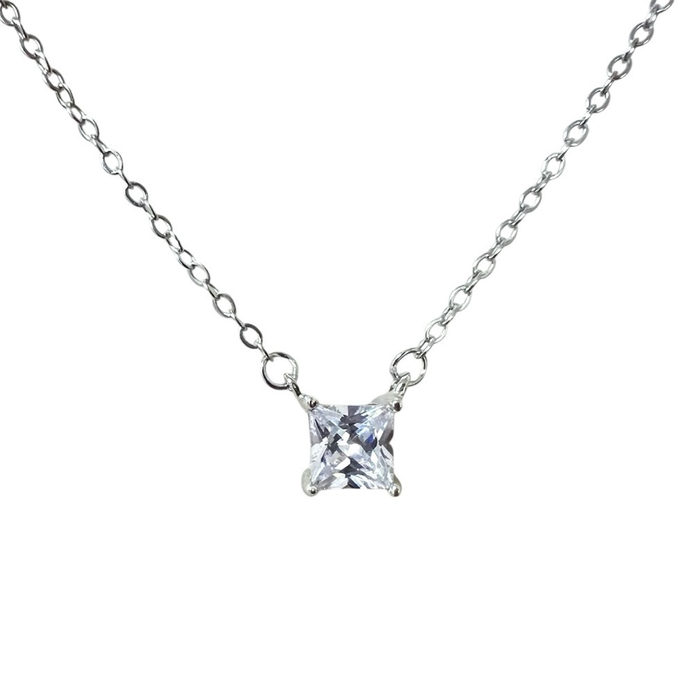 925 Sterling Silver Square Princess Cut Solitaire CZ Cubic Zirconia Necklace